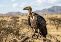 Vulture perched on a weathered branch in a dry savanna with distant mountains and blue sky behind it, looking to the left.