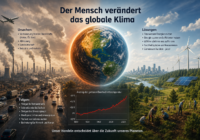 Infografik: Erde im Zentrum, links Industrie mit Rauch, rechts Windkraft und Solarenergie; textliche Listen zu Ursachen, Lösungen und der Temperaturanstieg-Grafik.