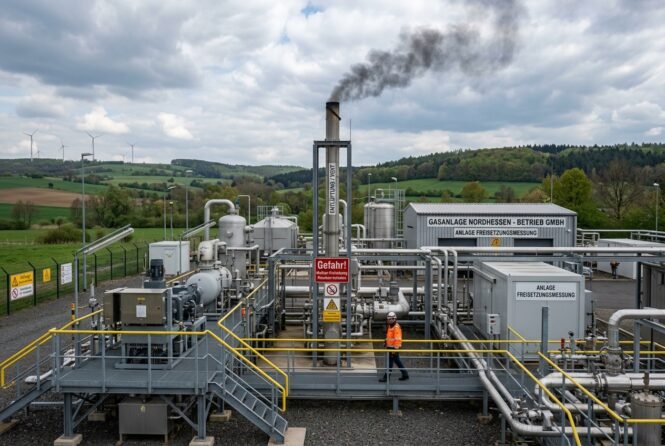 Industrial gas plant with a tall smokestack emitting dark smoke, surrounded by pipes and a worker in an orange safety vest.