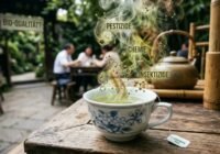 Jasmine tea in a ceramic cup on a wooden table; steam overlays show words about pesticides and chemicals with a blurred 'Bio-Qualität?' sign in the background.
