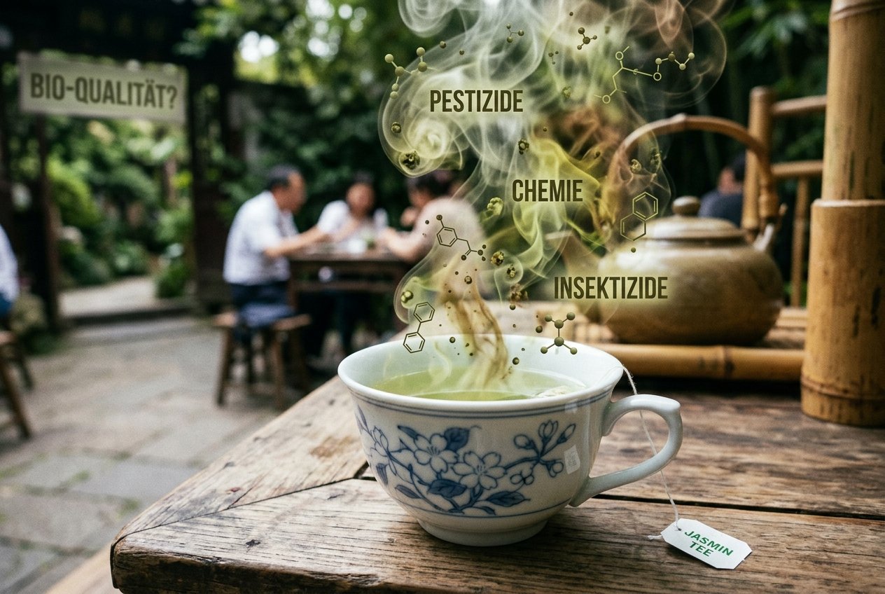 Eine Tasse Jasmintee aus dem Pestizide dampfen | Pugnalom Jasmine tea in a ceramic cup on a wooden table; steam overlays show words about pesticides and chemicals with a blurred 'Bio-Qualität?' sign in the background.