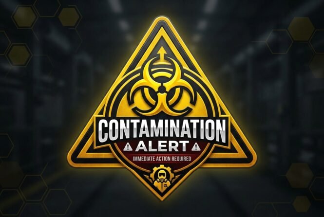 Contamination alert sign with biohazard symbol and bold 'IMMEDIATE ACTION REQUIRED' text in yellow and black.