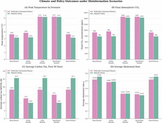 Chart showing climate and policy outcomes under disinformation scenarios: compare Politically Constrained Planner vs Majority Voting across Benchmark, Early/ Late/ Persistent Disinfo, and Intervention. (Composite of panels A-D)